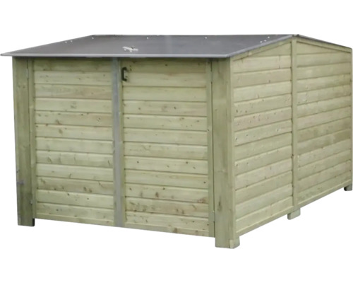 Houten containerombouw met metalen deksel voor twee vuilnisbakken.