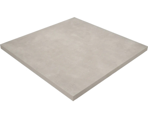 Vierkante grijze terrastegel van gres porcellanato met betonlook.