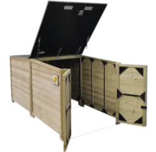 Houten berging voor afvalcontainers of fietsen met opengeklapt deksel en twee geopende deuren.