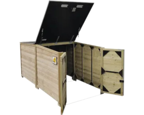 Houten berging voor afvalcontainers of fietsen met opengeklapt deksel en twee geopende deuren.