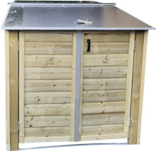 Houten containerombouw voor twee afvalcontainers met metalen deksel en twee deuren.