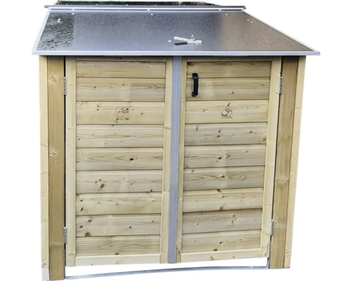 Houten containerombouw voor twee afvalcontainers met metalen deksel en twee deuren.