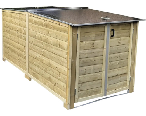 Houten kliko-ombouw voor twee containers met metalen klapdeksel en voordeuren.