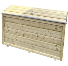 Rechthoekige tuinopbergbox van natuurlijk hout met een plat deksel en metalen randbescherming.