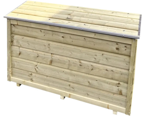 Rechthoekige tuinopbergbox van natuurlijk hout met een plat deksel en metalen randbescherming.