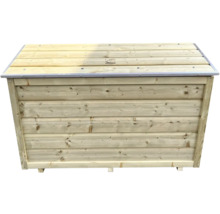 Rechthoekige houten tuinbox van lichte planken met plat deksel en metalen randen.