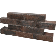 Steenstrips met baksteenlook en gestructureerd oppervlak, donkerbruin en grijs gemêleerd.