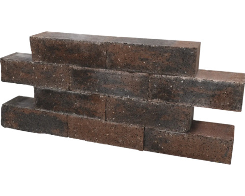 Steenstrips met baksteenlook en gestructureerd oppervlak, donkerbruin en grijs gemêleerd.