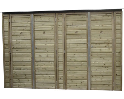 Houten afvalcontainerbox voor vier containers met horizontale latten en een plat dak.