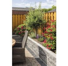 Terras met verhoogde plantenbak van grijze stenen, olijfboom, bloeiende planten, houten schutting en gevlochten tuinstoel.