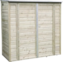 Houten tuinkast met dubbele deur en horizontale houten latten voor tuingereedschap.