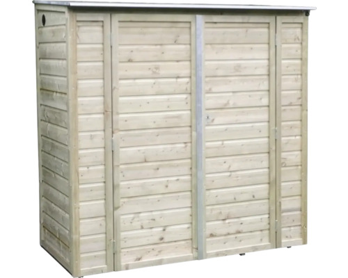 Houten tuinkast met dubbele deur en horizontale houten latten voor tuingereedschap.