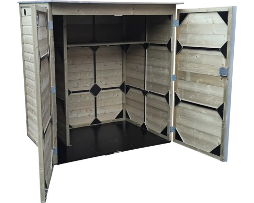 Open houten tuinkast met twee deuren, legplank en zwarte vloer.