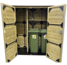 Open houten afvalcontainerbox voor twee vuilnisbakken met zwarte metalen verstevigingen op de deuren en een legplank.