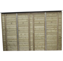 Houten ombouw voor vier afvalcontainers met vier dubbele deuren en horizontale lamellen.