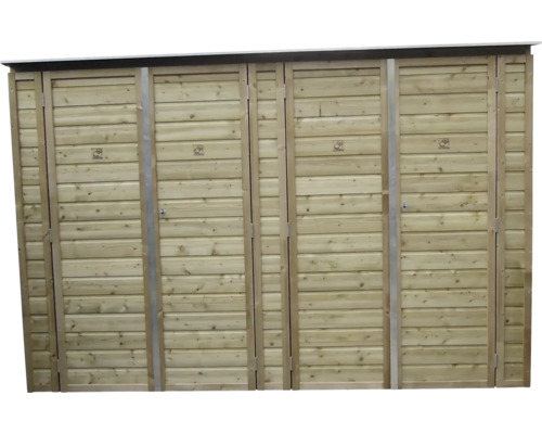 Houten ombouw voor vier afvalcontainers met vier dubbele deuren en horizontale lamellen.