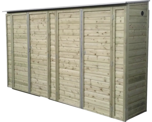 Kliko ombouw voor vier afvalcontainers van geïmpregneerd hout met vier deuren.