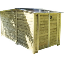 Houten containerombouw voor drie afvalcontainers met een schuin dak.