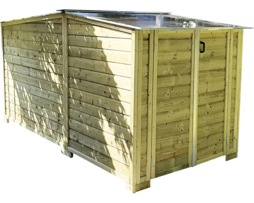 Houten containerombouw voor drie afvalcontainers met een schuin dak.