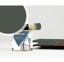 Kantenlak voor kunststof gevelbekleding met een verfkwast en een donkergrijs geverfd monster van een gevelpaneel.