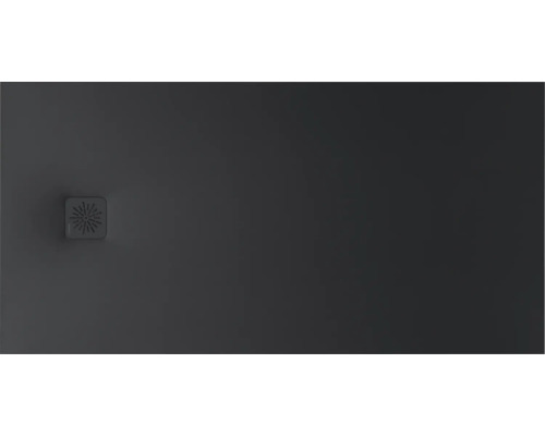 Rechthoekige douchebak in antraciet met vierkante afvoerkap en stervormig patroon.