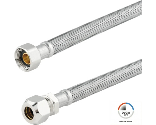 Flexibele rvs gevlochten slang met DVGW certificering voor sanitaire aansluitingen.