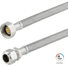 Flexibele aansluitslang met roestvrijstalen omvlechting, wartelmoer en knelkoppeling, DVGW-gecertificeerd.