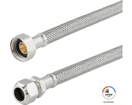 Flexibele aansluitslang met roestvrijstalen omvlechting, wartelmoer en knelkoppeling, DVGW-gecertificeerd.