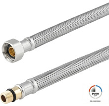 Flexibele gepantserde slang van roestvrijstalen vlechtwerk met een wartelmoer en een buitendraad van messing. DVGW gecertificeerd.