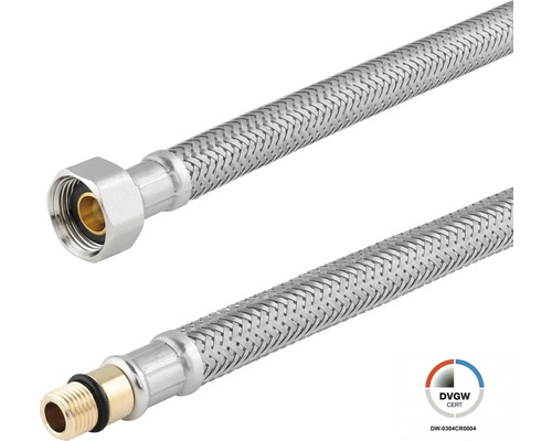 Flexibele gepantserde slang van roestvrijstalen vlechtwerk met een wartelmoer en een buitendraad van messing. DVGW gecertificeerd.