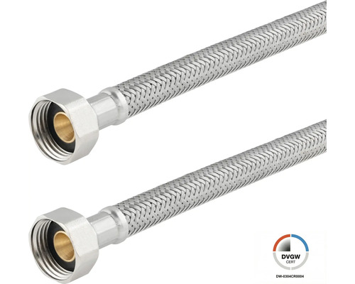 Twee flexibele pantserslangen van gevlochten roestvrij staal met wartelmoer, DVGW-gecertificeerd.