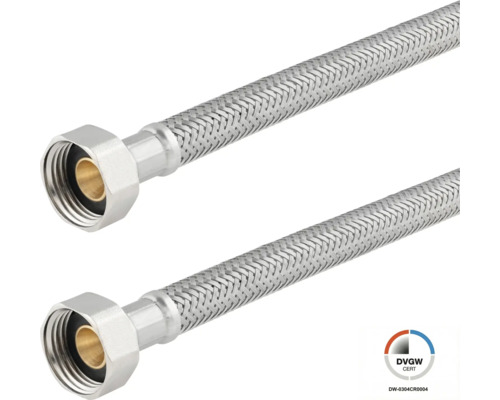 Twee flexibele pantserslangen van roestvrij staal met wartelmoer en DVGW-certificering voor sanitair gebruik.