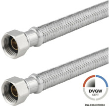 Flexibele aansluitslang met roestvrijstalen omvlechting en DVGW certificering.