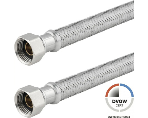 Flexibele aansluitslang met roestvrijstalen omvlechting en DVGW certificering.