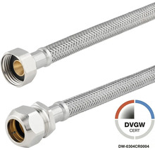 Flexibele pantserslang van roestvrij staal met wartelmoer en knelkoppeling, DVGW gecertificeerd.