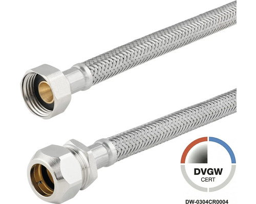 Flexibele pantserslang van roestvrij staal met wartelmoer en knelkoppeling, DVGW gecertificeerd.