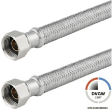 Flexibele aansluitslang van roestvrij staal vlechtwerk met binnendraad, DVGW gecertificeerd voor drinkwater.