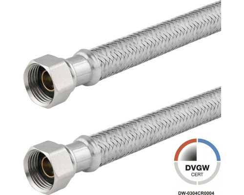 Flexibele aansluitslang van roestvrij staal vlechtwerk met binnendraad, DVGW gecertificeerd voor drinkwater.