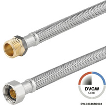 Flexibele pantserslang met roestvrijstalen vlechtwerk en DVGW-certificering voor wateraansluitingen.