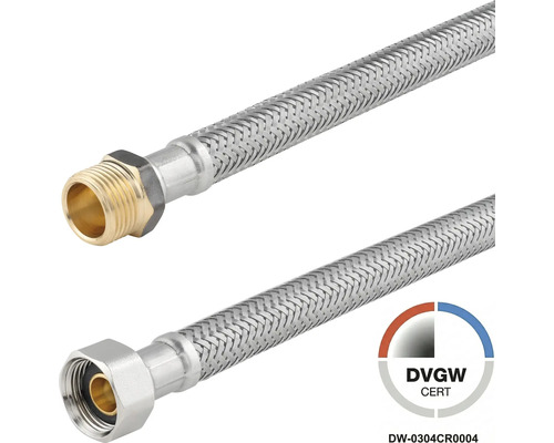 Flexibele pantserslang met roestvrijstalen vlechtwerk en DVGW-certificering voor wateraansluitingen.