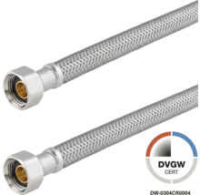 Flexibele gepantserde slang van roestvrij staal met DVGW-certificering en aansluitmoer.