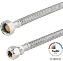 Flexibele aansluitslang van roestvrijstalen vlechtwerk met wartelmoer en knelkoppeling, DVGW-gecertificeerd.