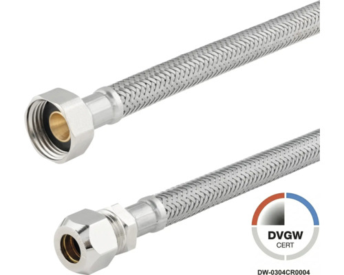 Flexibele aansluitslang van roestvrijstalen vlechtwerk met wartelmoer en knelkoppeling, DVGW-gecertificeerd.