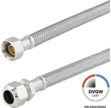 Flexibele aansluitslang van gevlochten roestvrij staal met DVGW-certificering voor drinkwater.