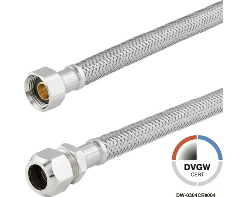 Flexibele aansluitslang van gevlochten roestvrij staal met DVGW-certificering voor drinkwater.