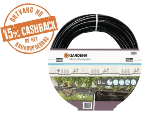 Gardena Logo. Micro-Drip-System aanvoerbuis van 50 meter lang en 13 millimeter dik. 15 procent cashback op het aankoopbedrag.