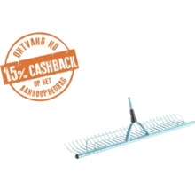 Lichtblauwe gazonhark met zegel voor 15 procent cashback op het aankoopbedrag.