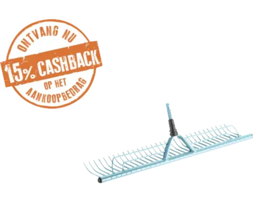 Lichtblauwe gazonhark met zegel voor 15 procent cashback op het aankoopbedrag.