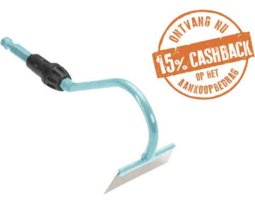Tuinhak met gebogen hals en plat mes met symbool voor 15 procent cashback op het aankoopbedrag.