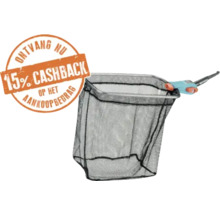 Schepnet met fijnmazig net en aansluiting voor telescoopsteel met 15 procent cashback-zegel.